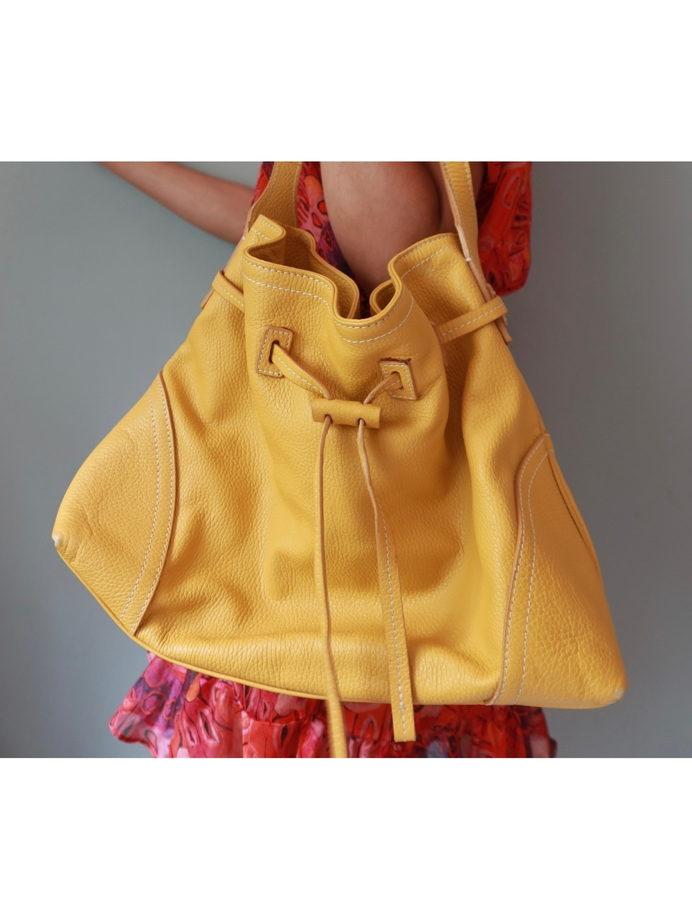 Vintage Boho Nordstrom Mustard Yellow 100% Leather Drawstring Hobo Bag
